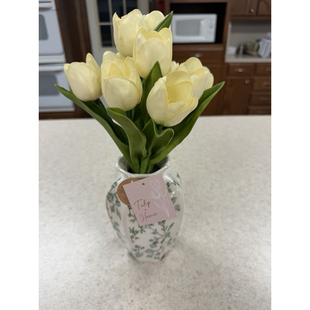 Tulip Home Artificial White Tulip Floral Arrangement Ceramic Vase Green Floral